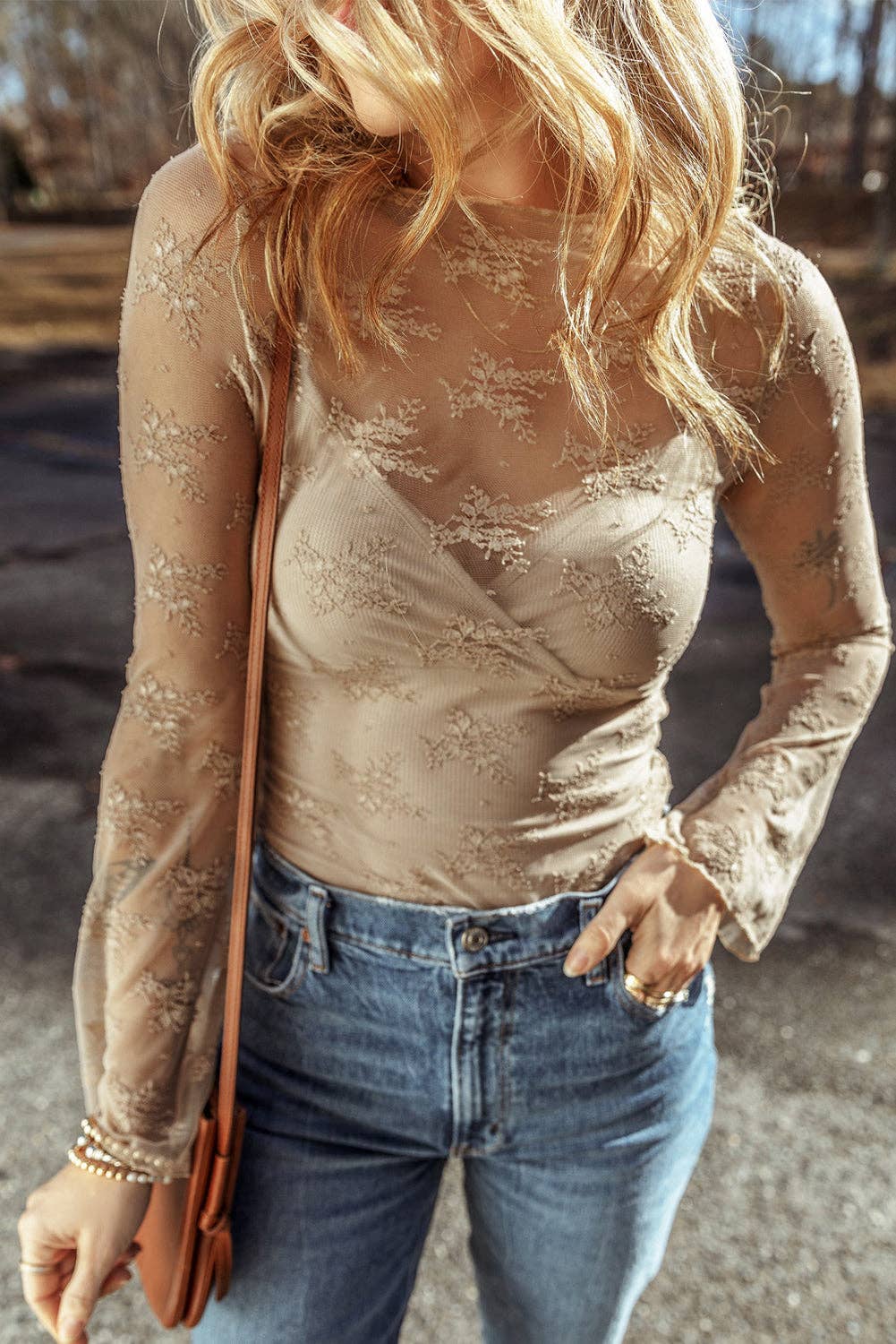 Apricot Lace Long Sleeve Blouse