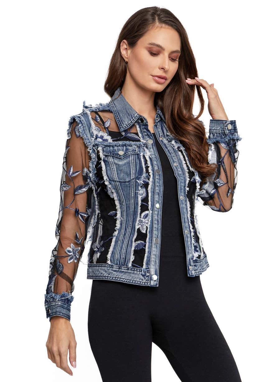 Denim Jacket w Floral Embroidery