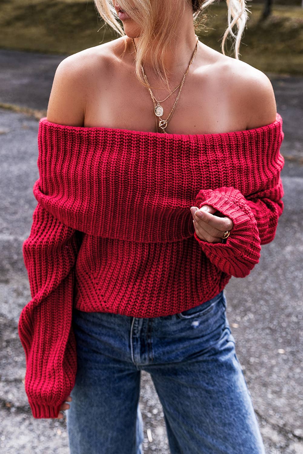 Red Off Shoulder Knit Sweater