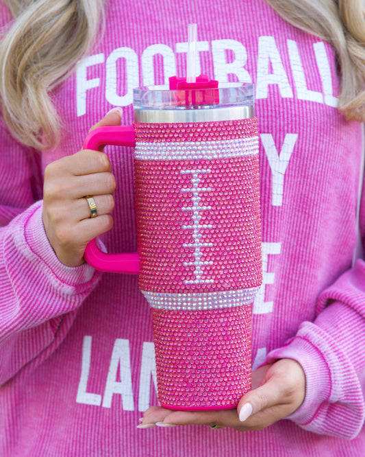 Pink Crystal Football "Blinged Out" Tumbler