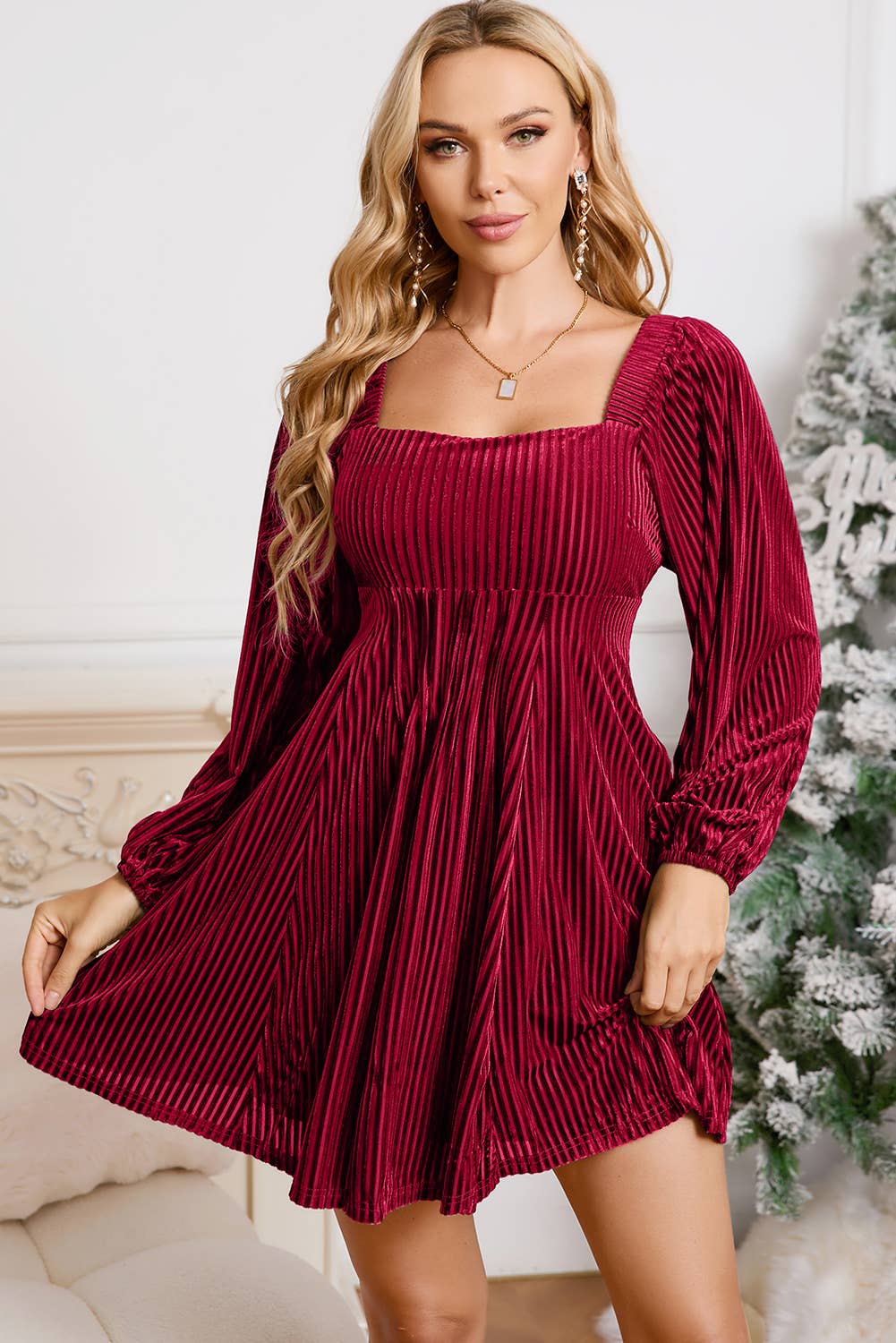 Velvet Corded Tie Back Babydoll Dress