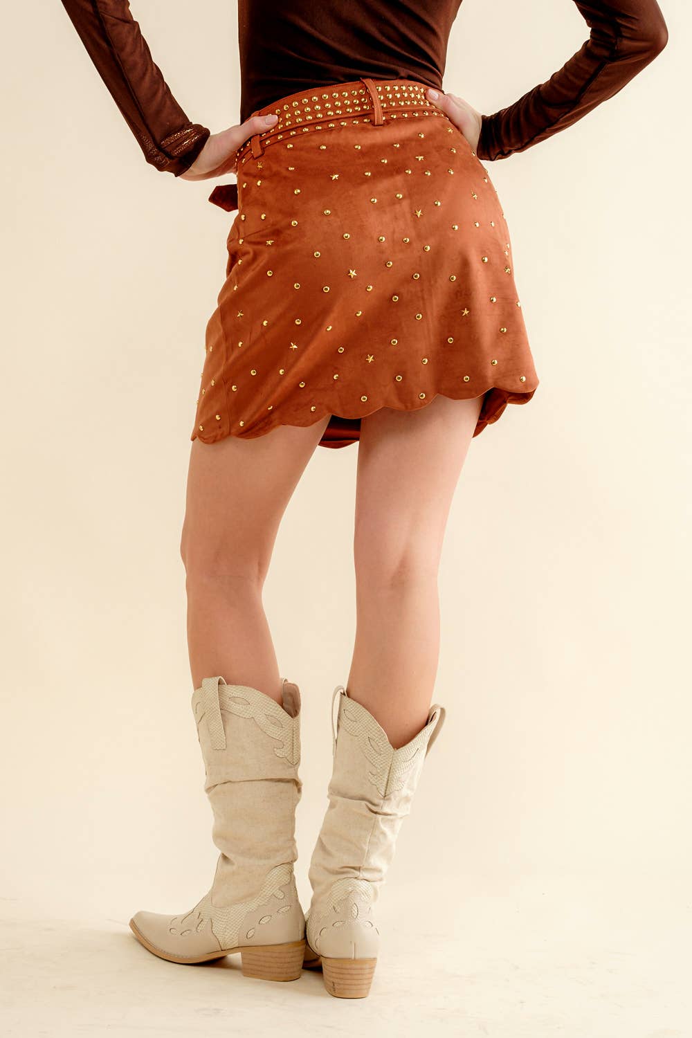 Suede Star Scallop Belted Western Mini  Skirt