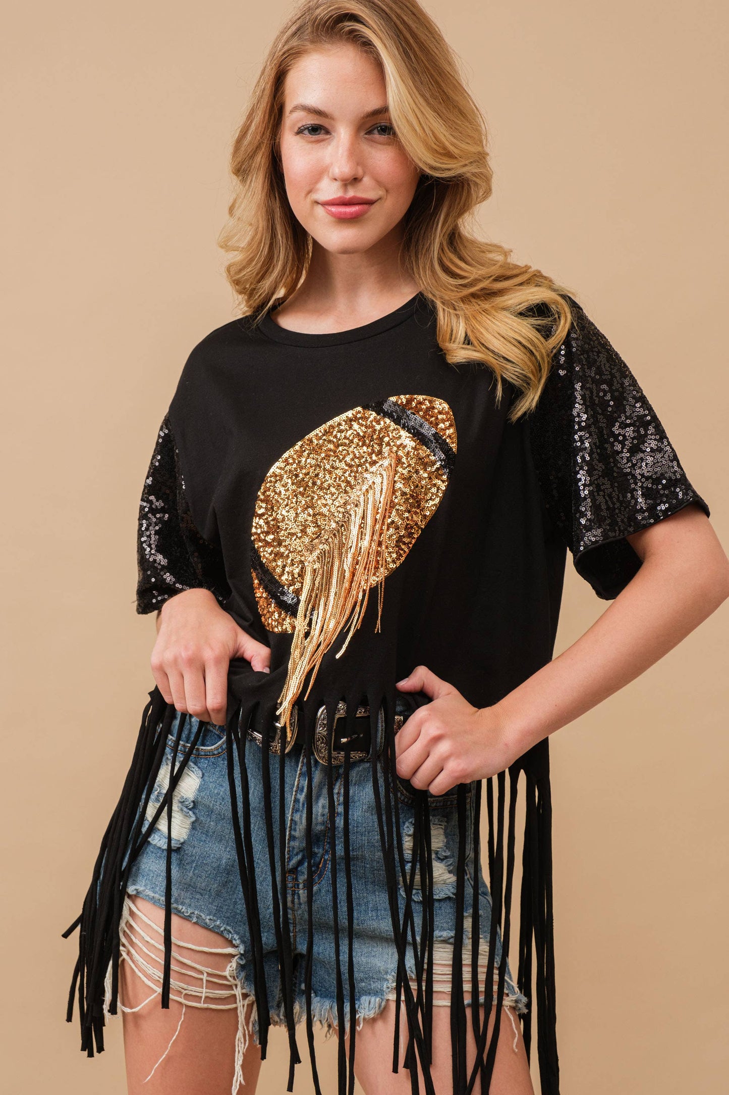 Football Sequin Fringe  Graphic Tee Top