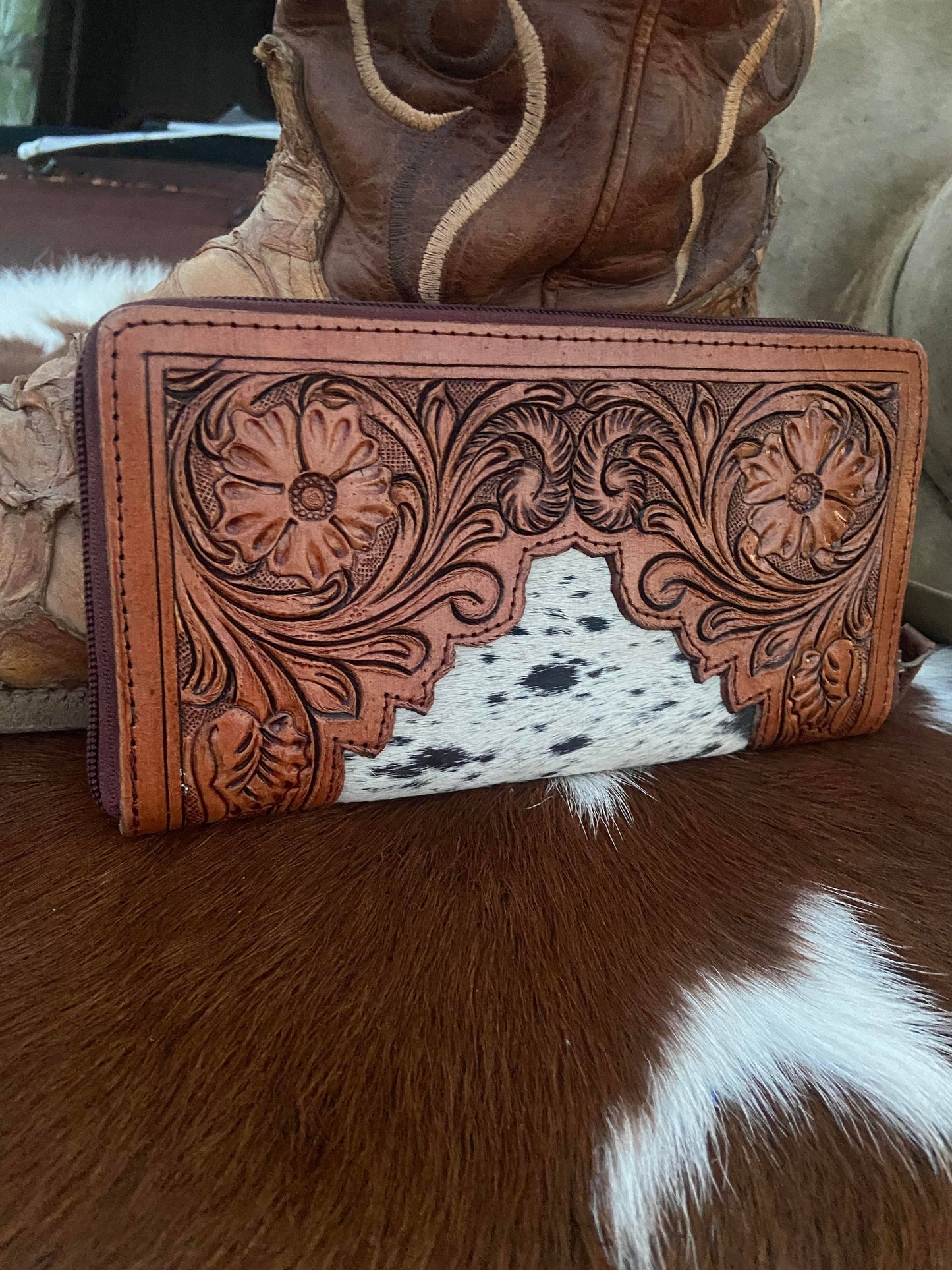 Tooled Leather Cowhide Wallet