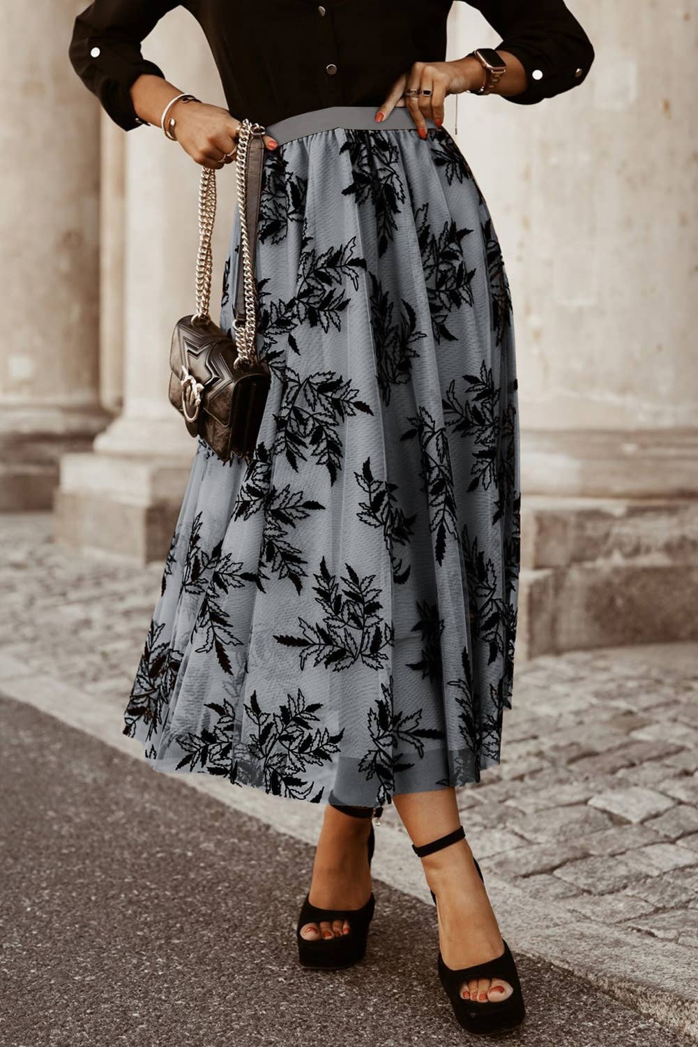 Grey Leaves Embroidered Maxi Skirt