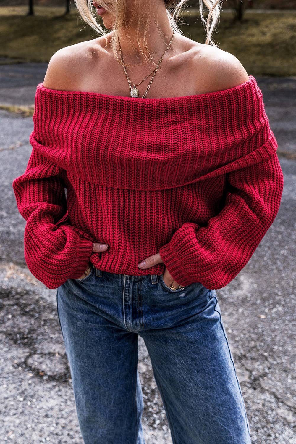 Red Off Shoulder Knit Sweater