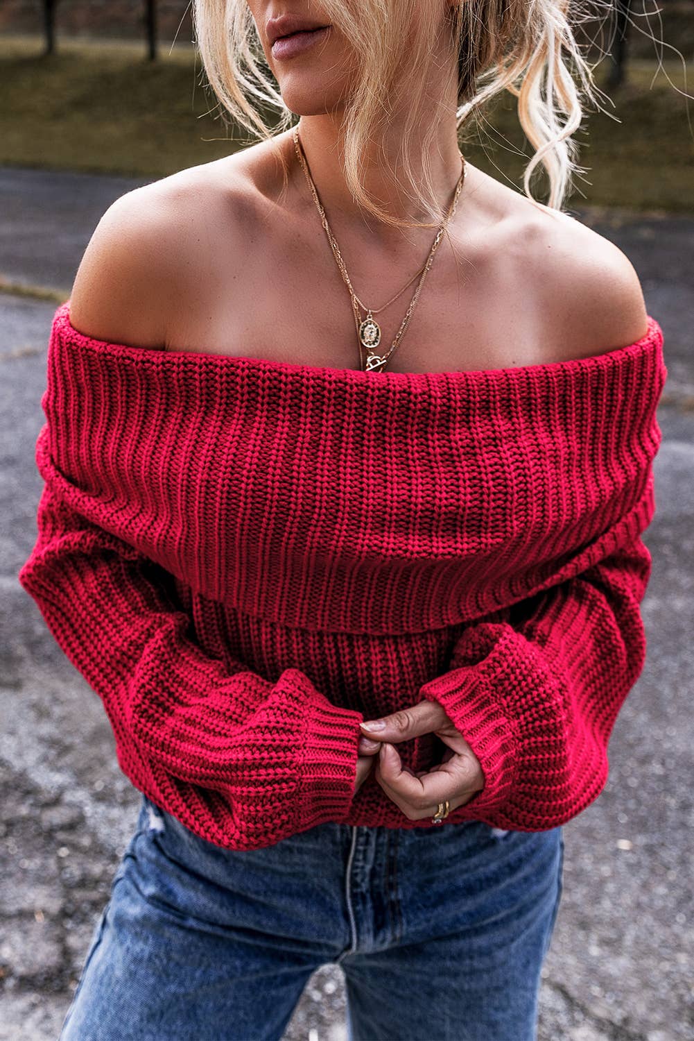 Red Off Shoulder Knit Sweater