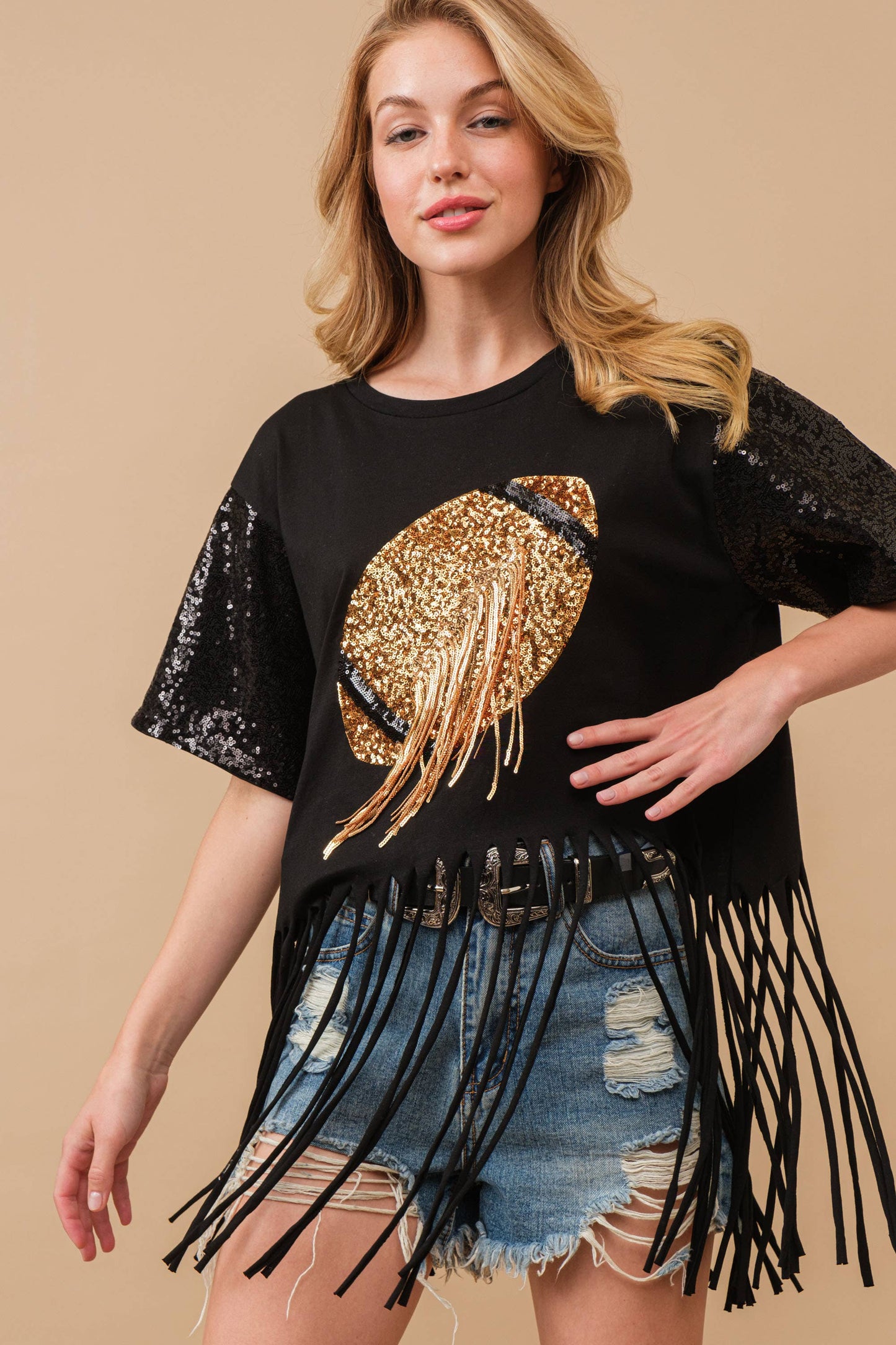 Football Sequin Fringe  Graphic Tee Top