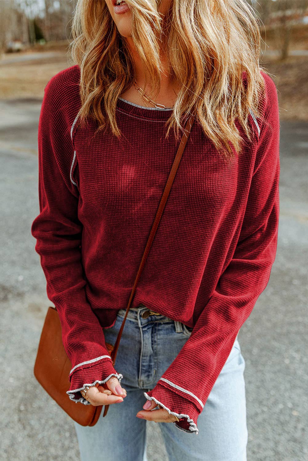 Red Textured Long Sleeve Top