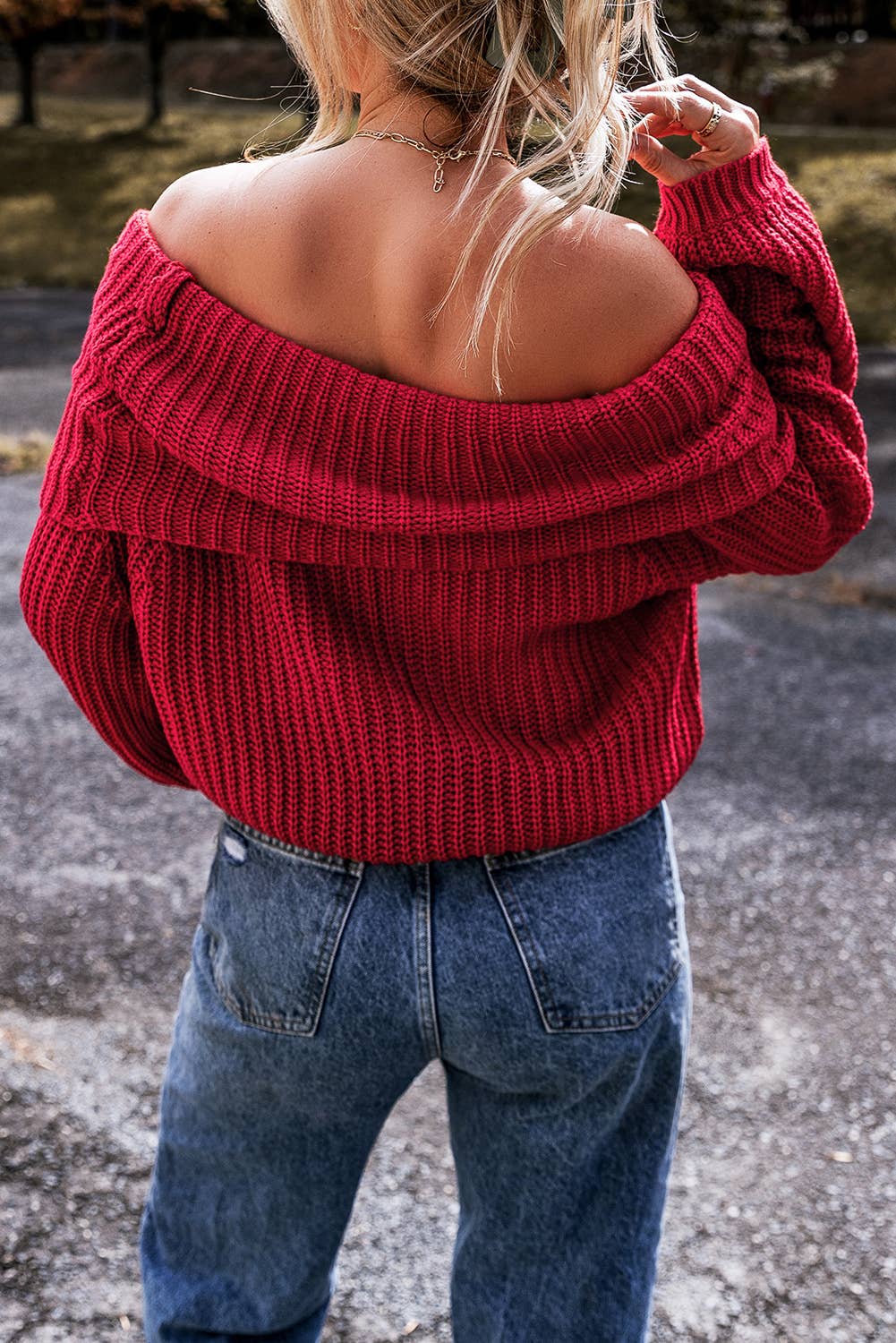 Red Off Shoulder Knit Sweater