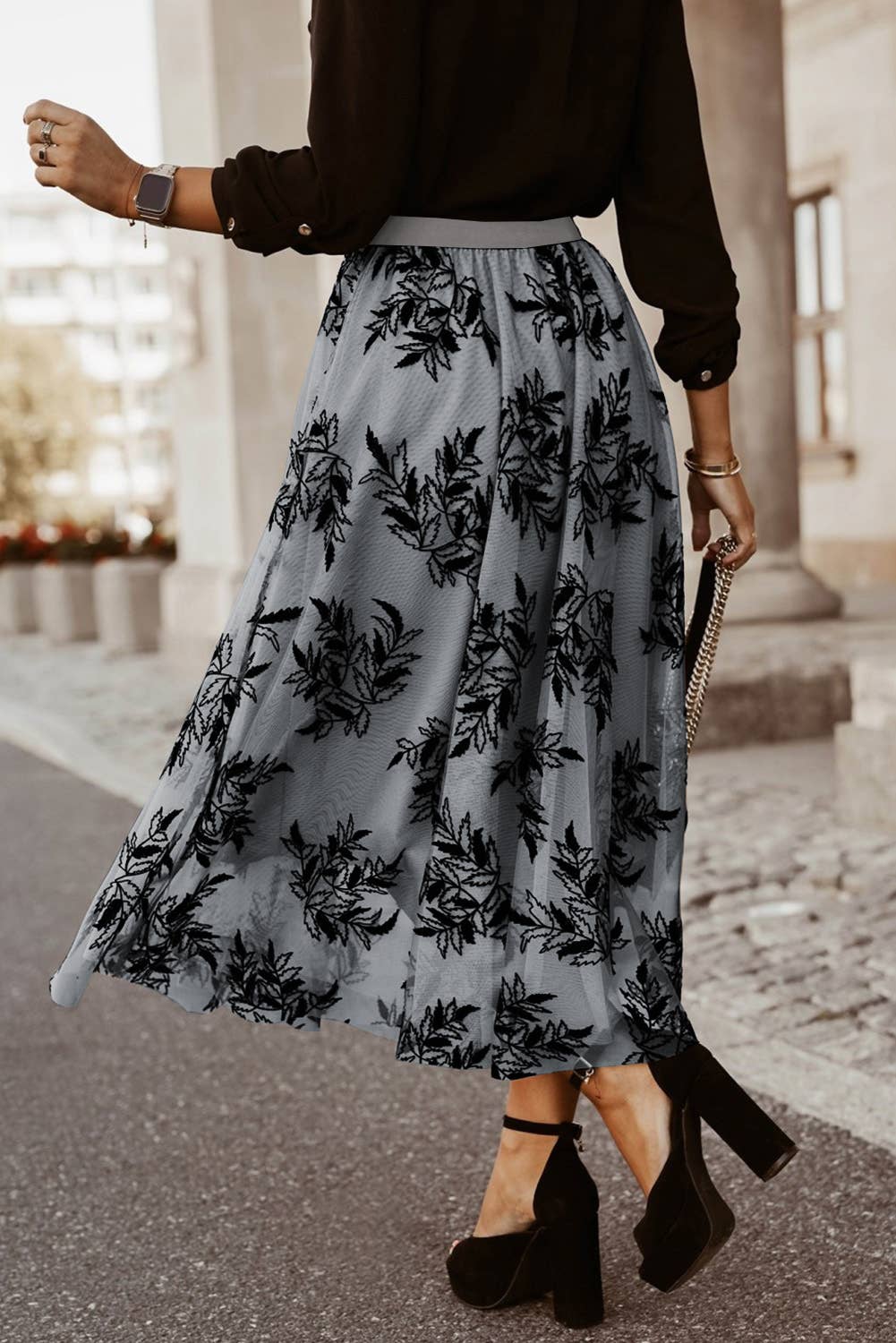 Grey Leaves Embroidered Maxi Skirt