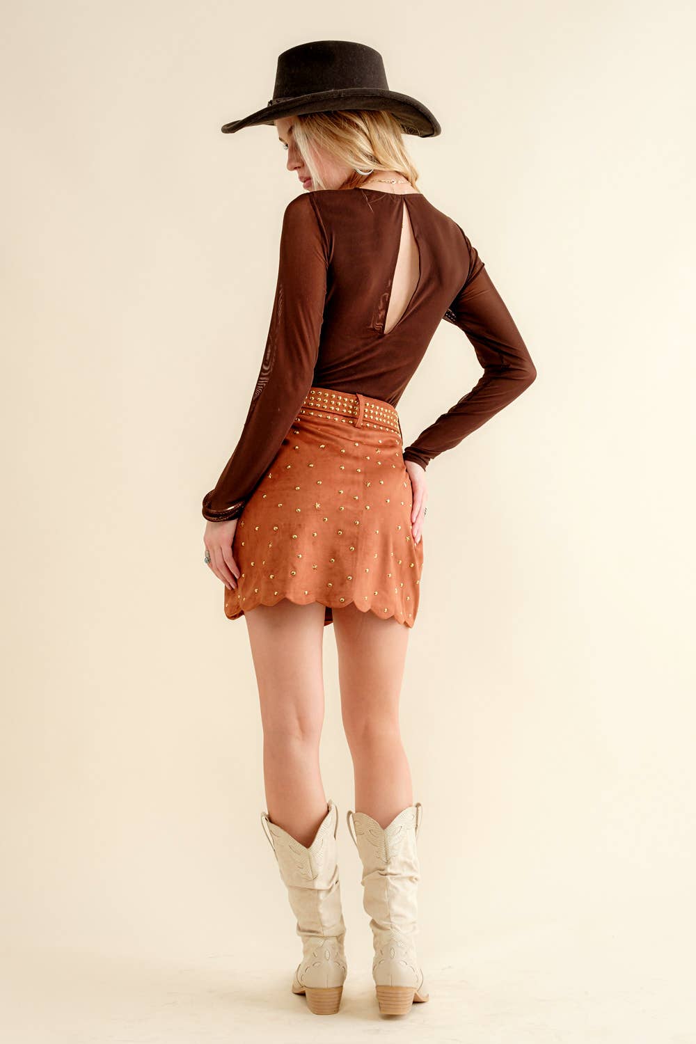 Suede Star Scallop Belted Western Mini  Skirt