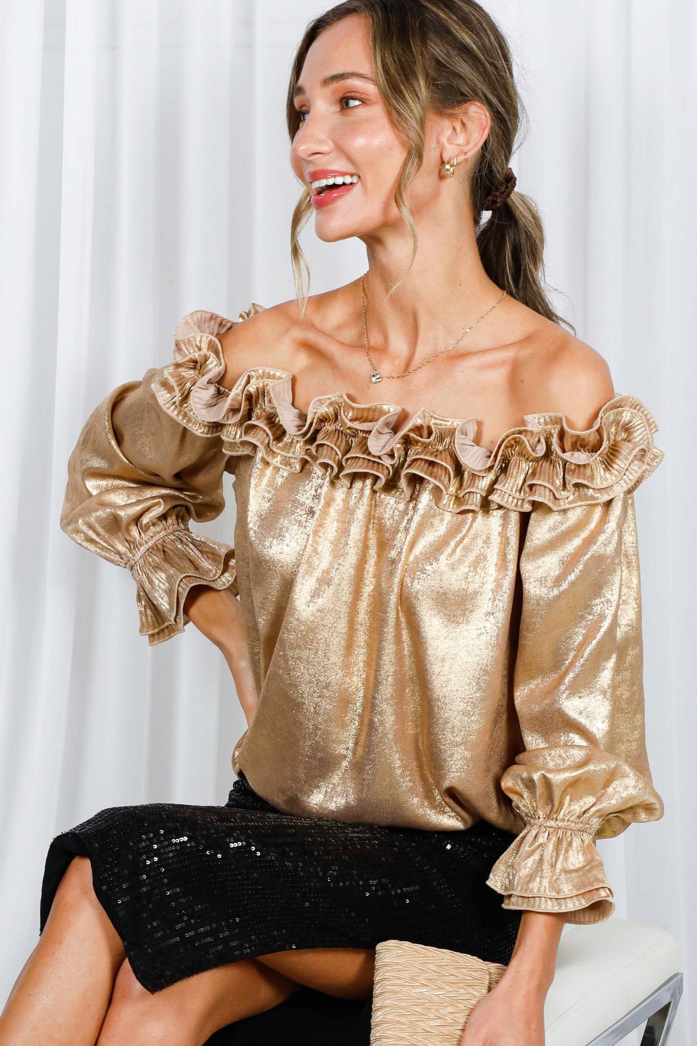 Ruffle Off Shoulder Metallic Gold Blouse