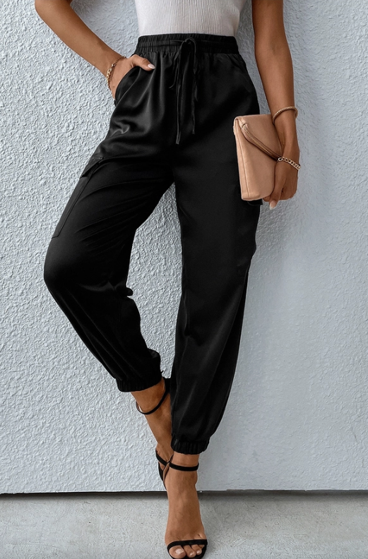 Black Satin Pocketed Joggers