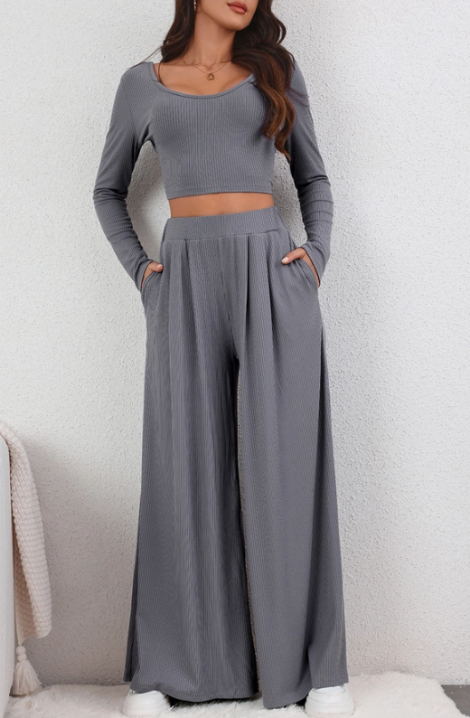 Grey Ribbed Crop Top Pants Set