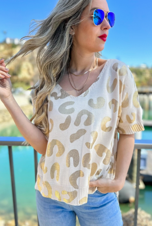 Gold Leopard V Neck Knit