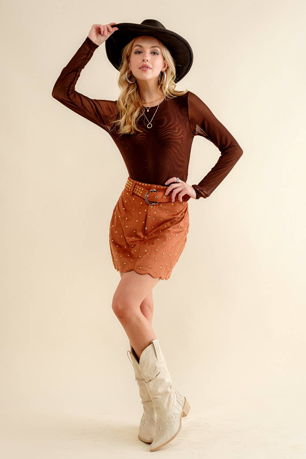 Suede Star Scallop Belted Western Mini  Skirt