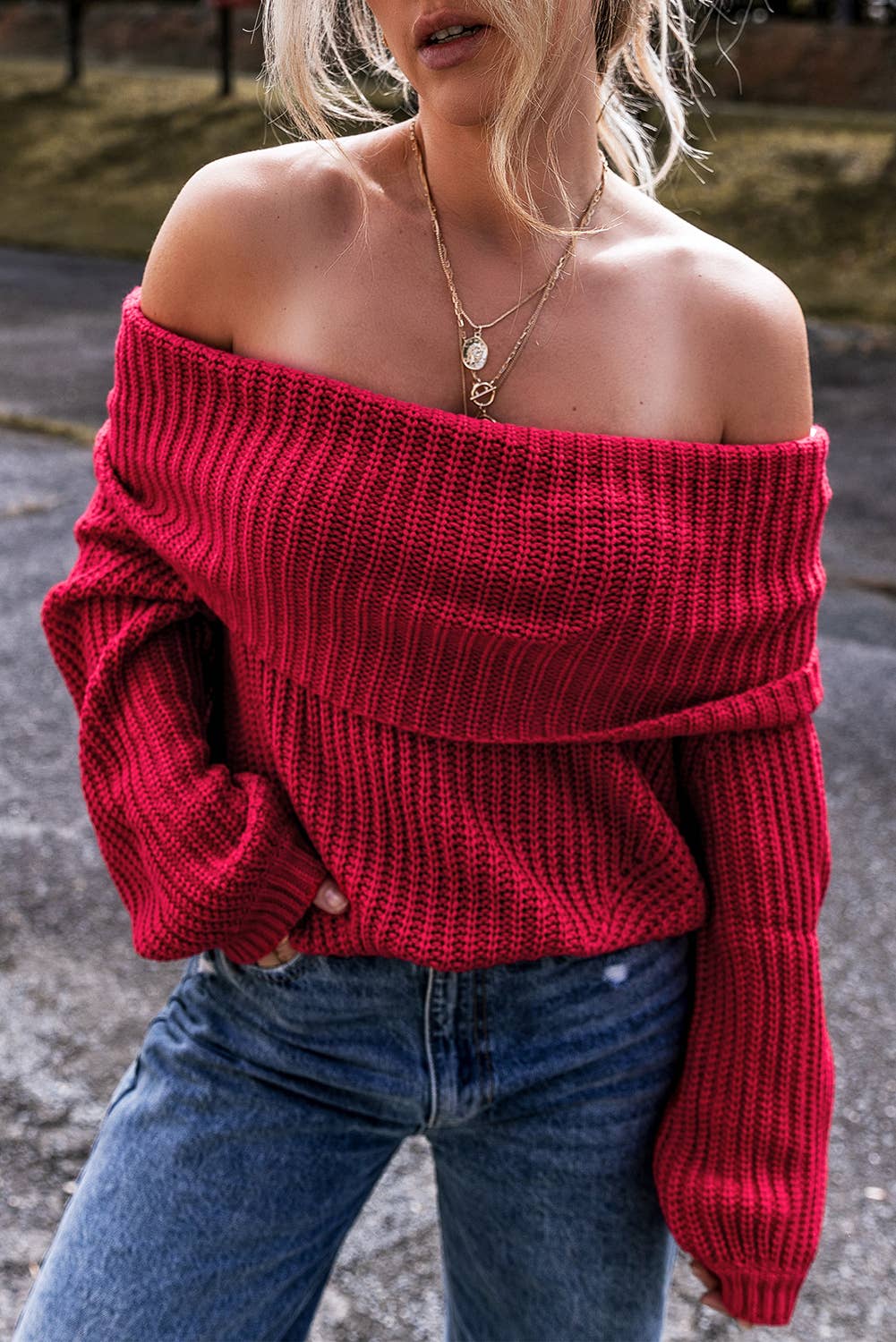 Red Off Shoulder Knit Sweater