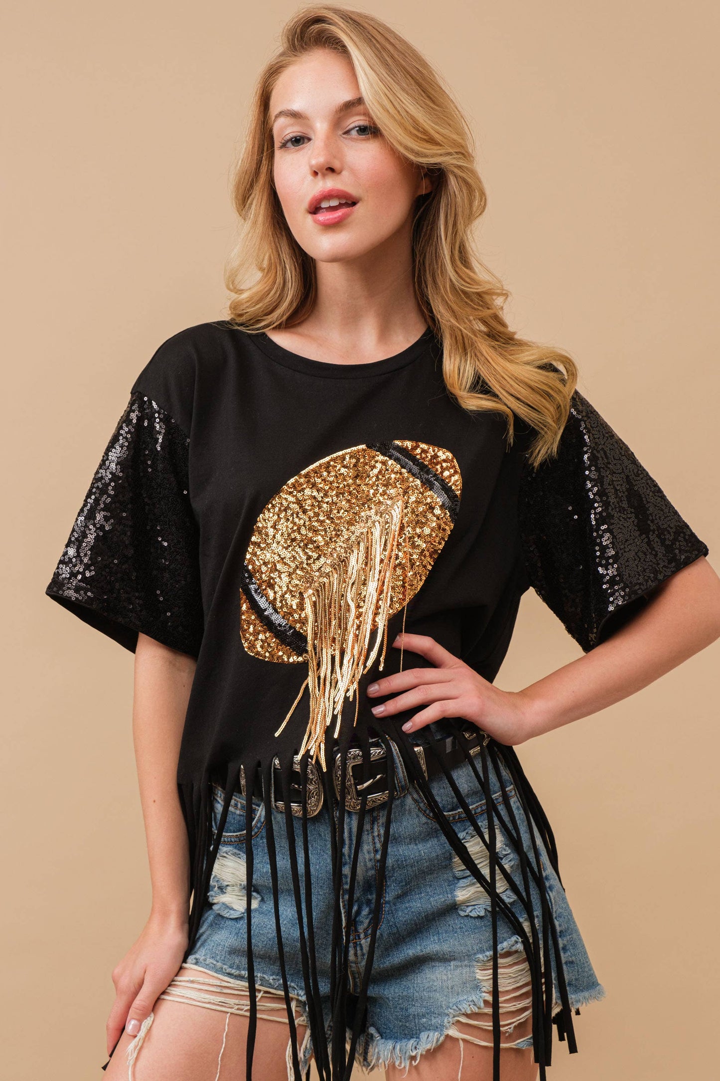 Football Sequin Fringe  Graphic Tee Top