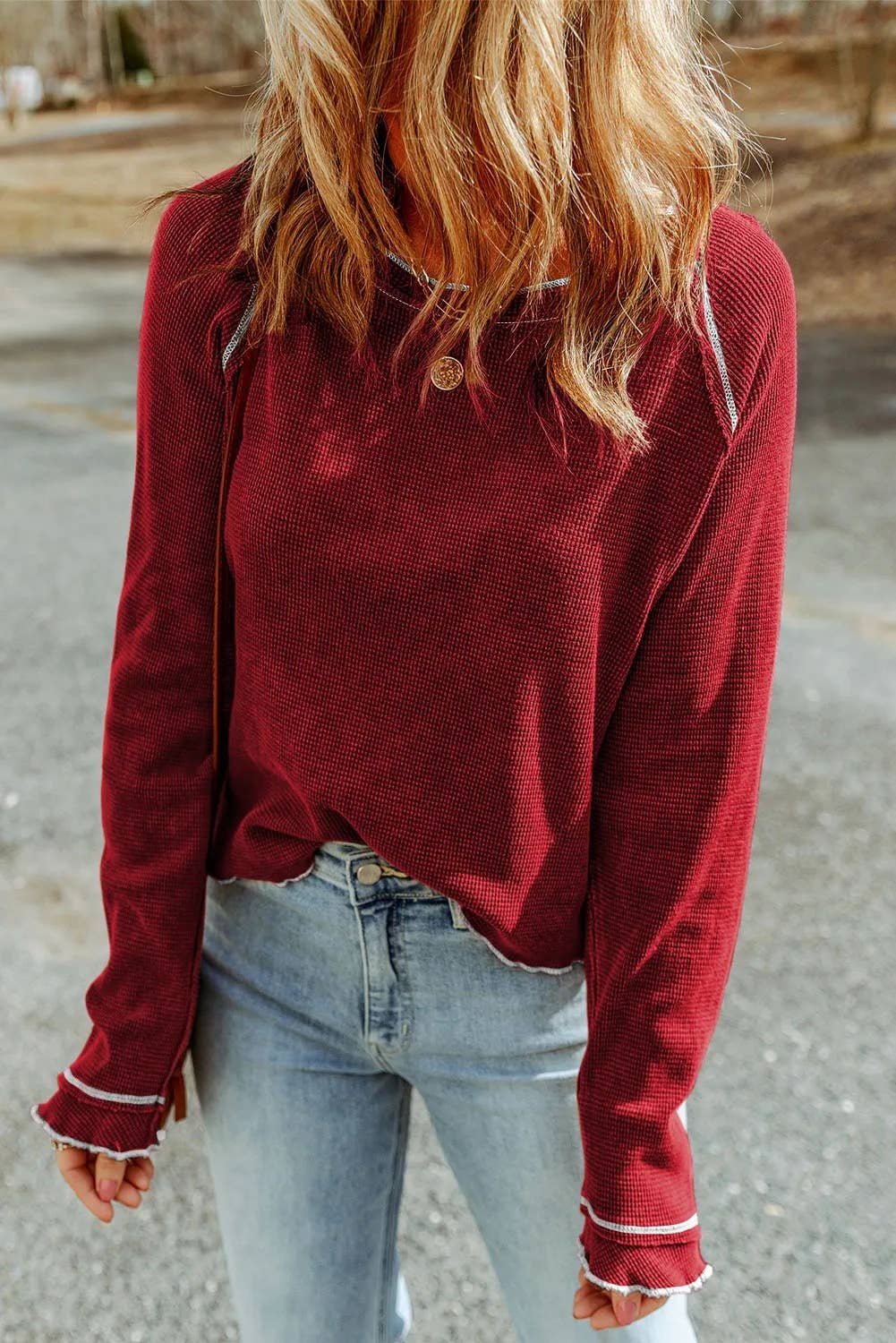 Red Textured Long Sleeve Top