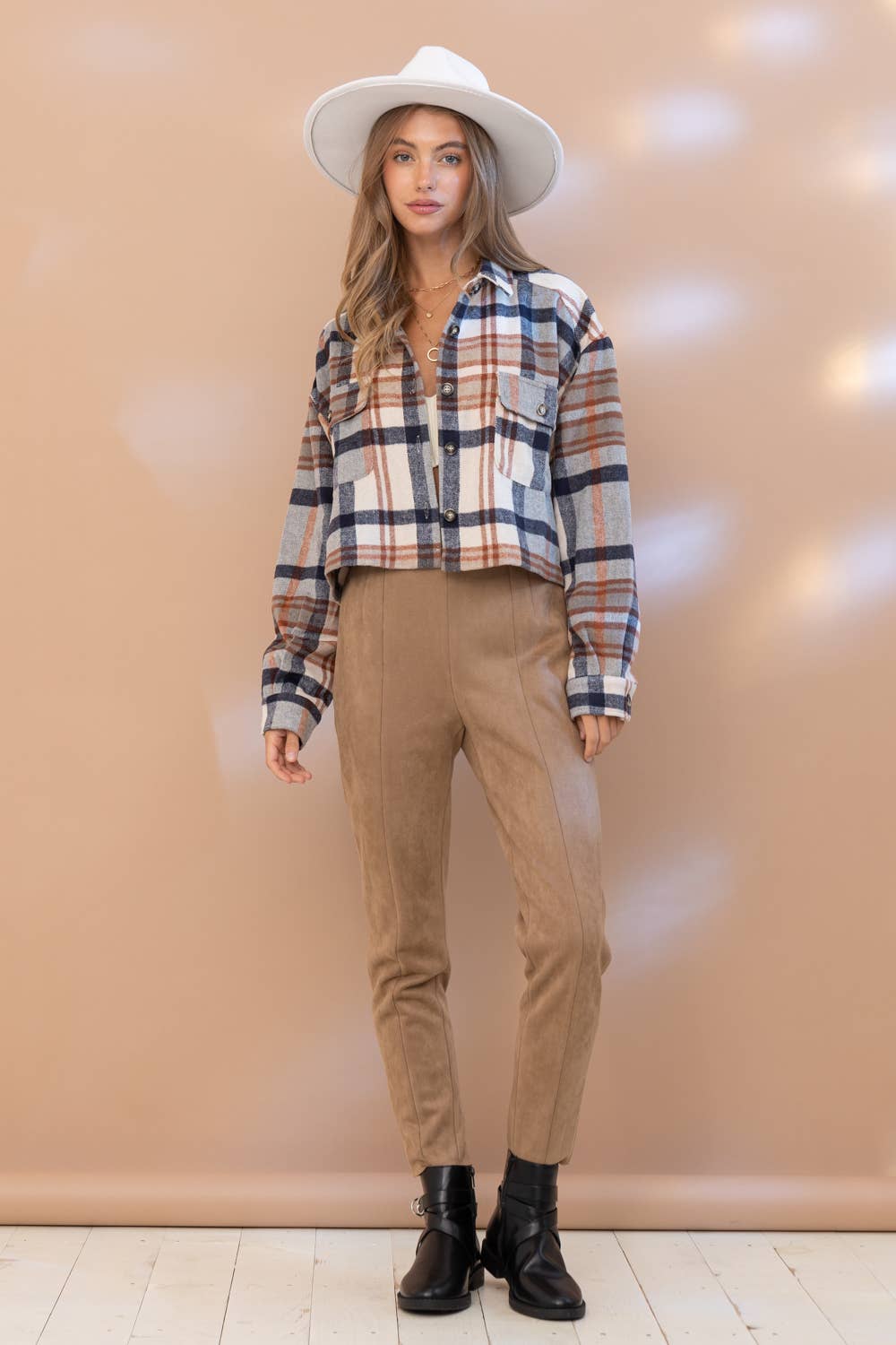 Yarn Dyed Plaid Button Up Crop Shirt Jacket