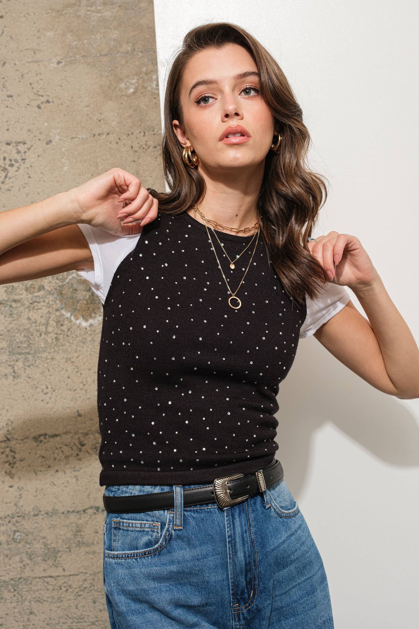 Fitted Crop Rhinestone Studded Sweater Tank