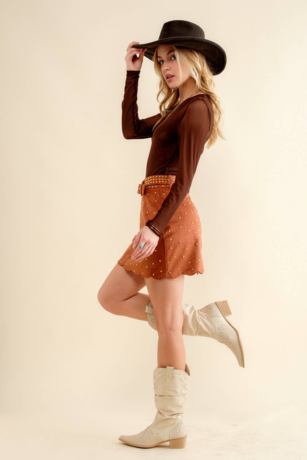 Suede Star Scallop Belted Western Mini  Skirt